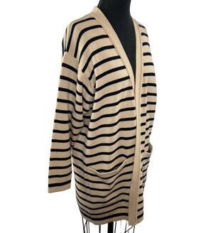 Rodier France Tan Black Stripe Long Sleeve Open Front Woven Cardigan Sweater